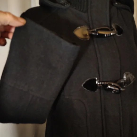 Guess Wool Pea Coat, Women Hooded, Black ButtonUp Pockets, Collar, Lining, S/M - Picture 12 of 15